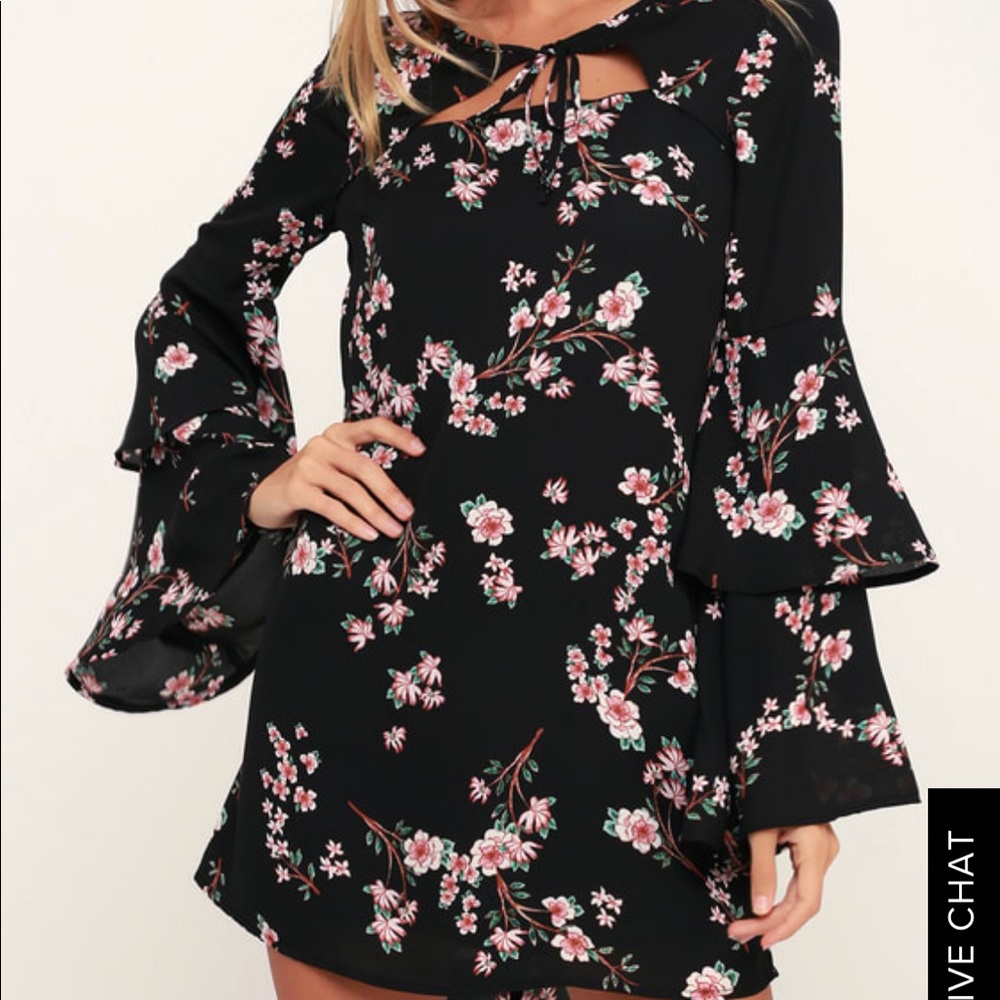 Black floral bell sleeve dress